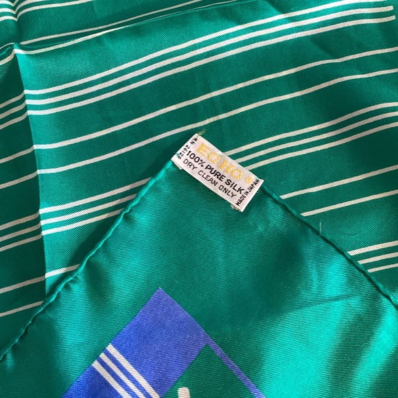 ECHO NAUTICAL 100% Silk Scarf. Green/White Stripes. Made in Japan. - Picture 6 of 6